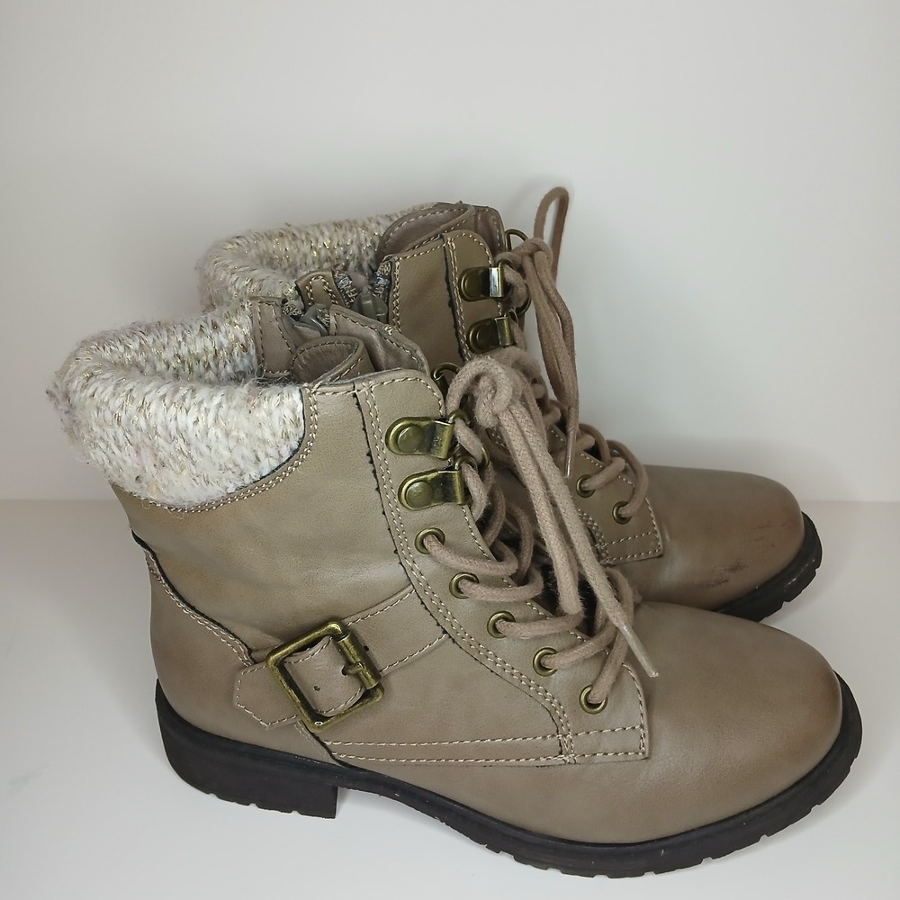 MIA Kids Girls Zoni Lace Up Combat Boots Taupe Knit Cuff Buckle Size 1 TGK138